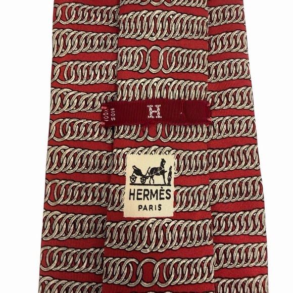 Hermes Men's Vintage Tie Chain Links Red/Khaki Silk 331 EA 3 5/8
